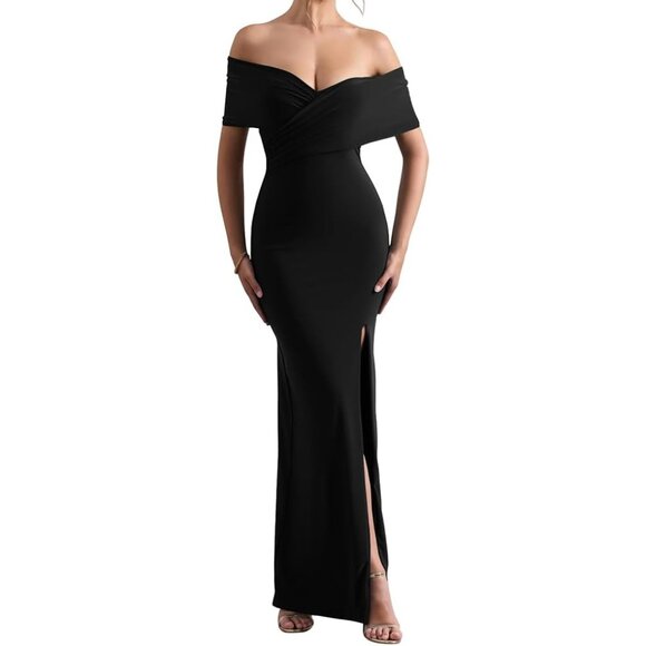 Women's Black Bodycon Off Shoulder Evening Dress Long Formal Ruched Split Hem - Picture 1 of 7